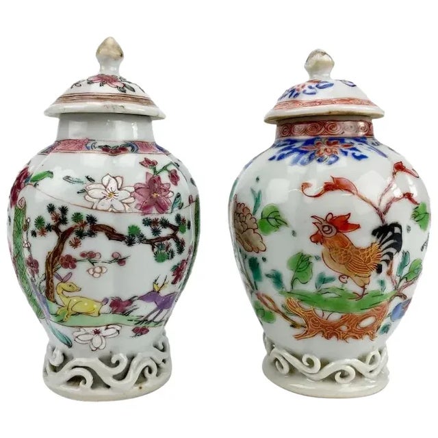 Antique 18th Century Chinese Export Porcelain Tea Caddies Decorated with Rooster and Deer in Famille Rose - A Pair For Sale - Image 13 of 13