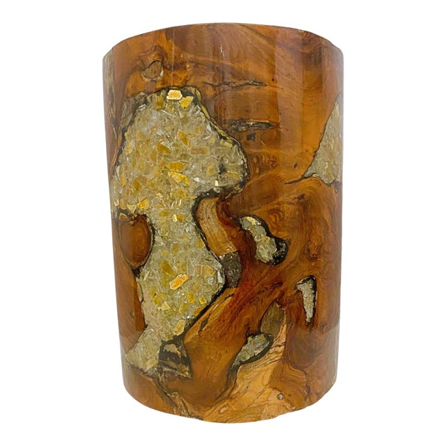 1990s Vintage Crushed Amber Glass and Resin Teak Wood Stool For Sale