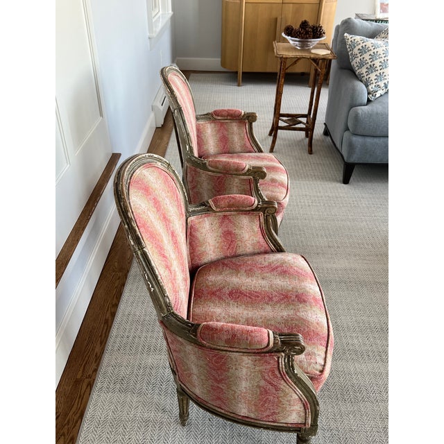 Pair of Petit Antique Chairs With Brocade Rose Colored Striped Fabric For Sale - Image 4 of 11