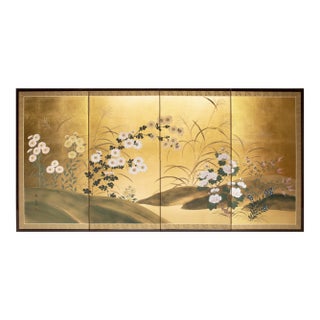 "Chrysanthemum, Rose Mallow and Bush Clover" by Shunsui, Showa Japanese Byobu Screen For Sale