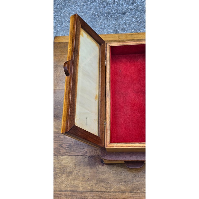 Mid-Century Modern Vintage Mid-Century Modern Walnut Jewelry Box With Red Velvet Lined Compartments & Glass Lid For Sale - Image 3 of 7