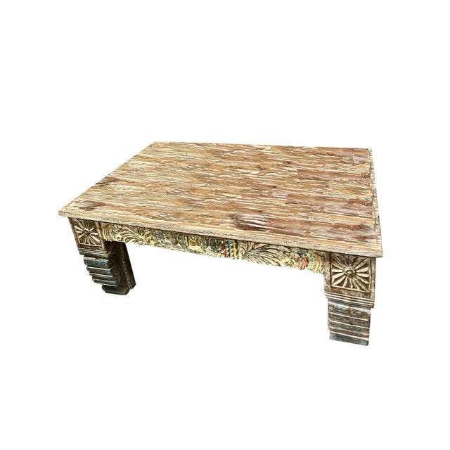 Mediterranean Vintage Coffee Table With Carved Legs Boho Accent Table For Sale - Image 3 of 11