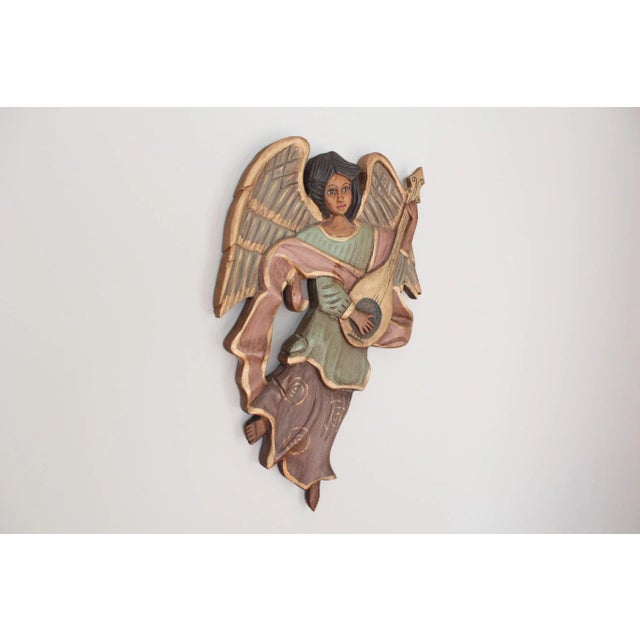 1960s Vintage Mexican Hand Carved Wood Angels With Instruments For Sale - Image 5 of 18