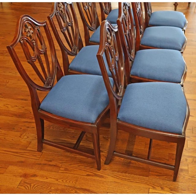1990s Set of 8 Regency Style Solid Mahogany Fleur-De-Lis Blue Fabric Dining Chairs For Sale - Image 4 of 18