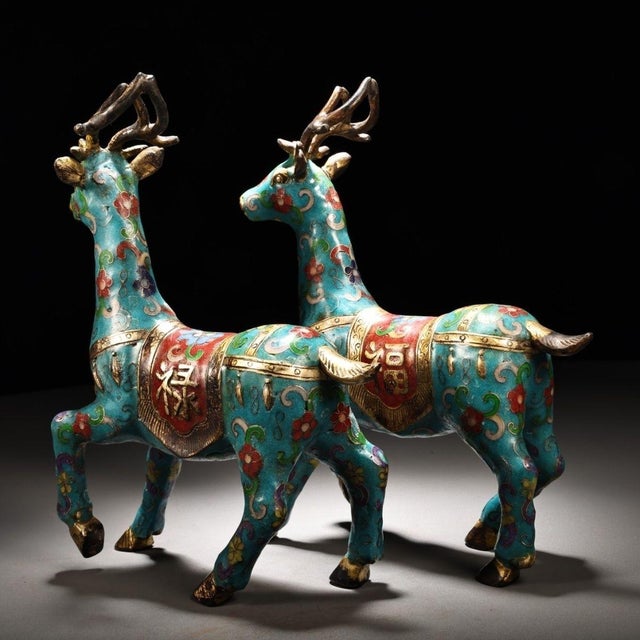 Mid-Century Modern Late 20th Century Pair of Cloisonne Enamel Gilt Deer Figurines, Decorative Tabletop Sculptures For Sale - Image 3 of 9
