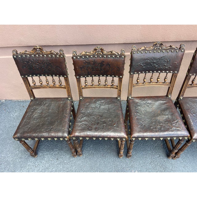 Antique Spanish Revival Embossed Leather Dining Chairs, Set of 6 For Sale - Image 4 of 12