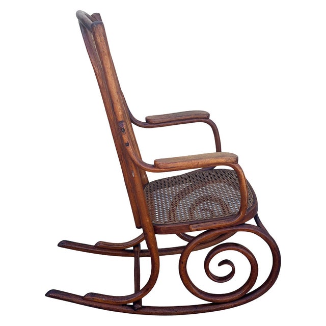 1950s Mid-Century Portuguese Bent Oak & Caine Scrolling Rocking Chair No. 5585 For Sale - Image 5 of 11