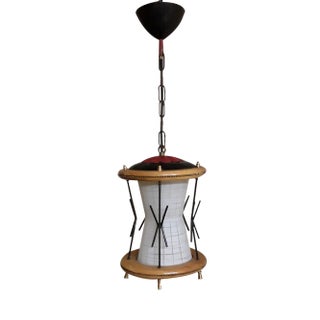 Mid-Century German Ceiling Lamp with Frame Maple Wood, Black Wire and Brass & Cream-White Glass Shade For Sale