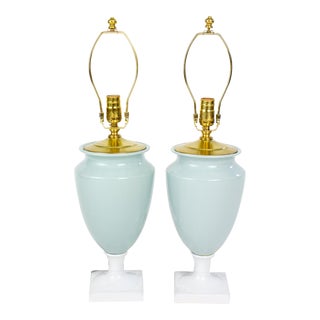 Late 20th Century Celadon and White Porcelain Urn Table Lamps - a Pair For Sale