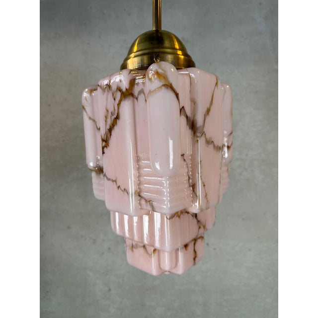 Art Deco Pendant Light in Marbled Rose Opaline and Brass, 1930s For Sale - Image 6 of 14