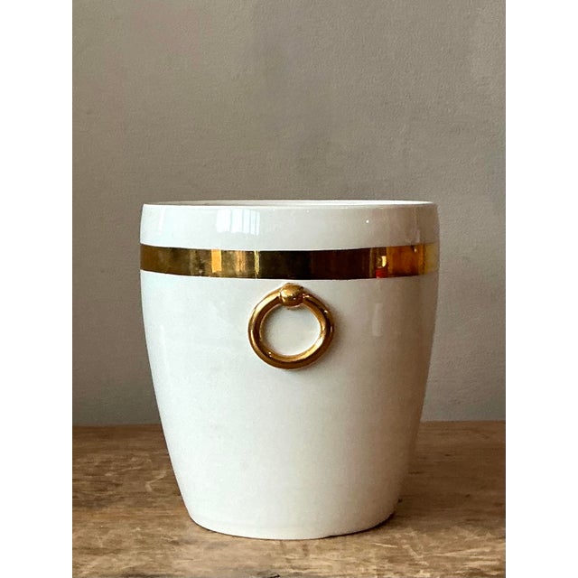 White Vintage Boho Italian Glazed Ceramic.Gold Rings Cache Pot For Sale - Image 8 of 11