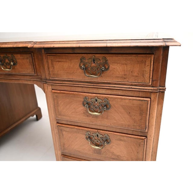 Large Antique Walnut Leather Top Pedestal Desk, 1900 For Sale - Image 9 of 11