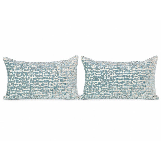 Modern One Pair of Velvet Lumbar Pillows Animal Print Custom Down and Feather Spa Blue on a Linen Ground 24 Wide X 14 High For Sale - Image 3 of 3