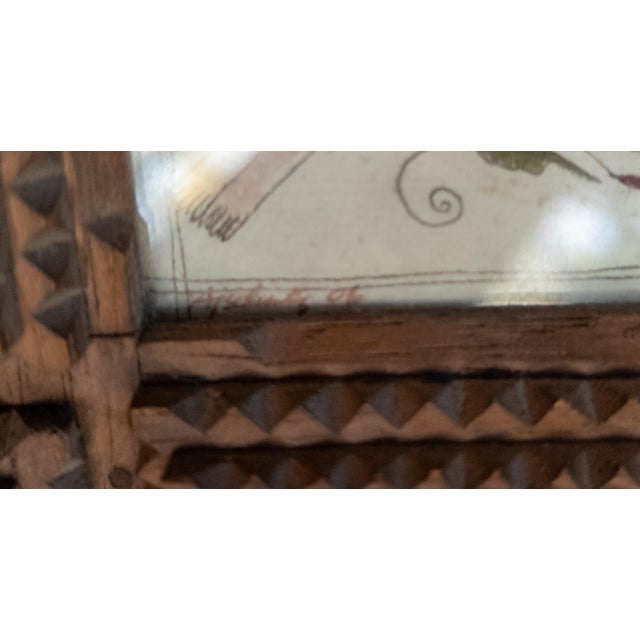 Early 20th Century Folk Art Tramp Art Double Picture Frame With Watercolors For Sale - Image 13 of 15