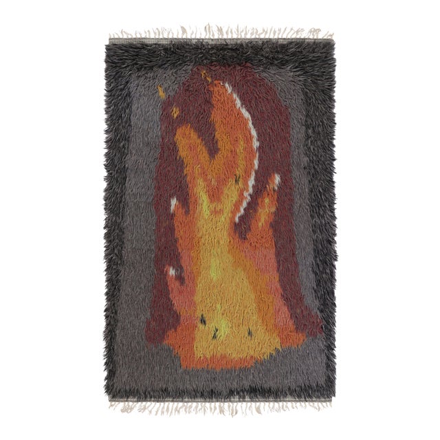 Vintage Swedish Rya Rug, Gray With Scandinavian Flame Pictorial - Rug & Kilim For Sale