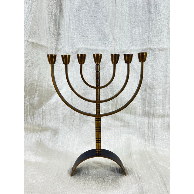 Vintage Jerusalem Brass Menorah – Modernist Sculptural Judaica With Black Accents For Sale - Image 12 of 12