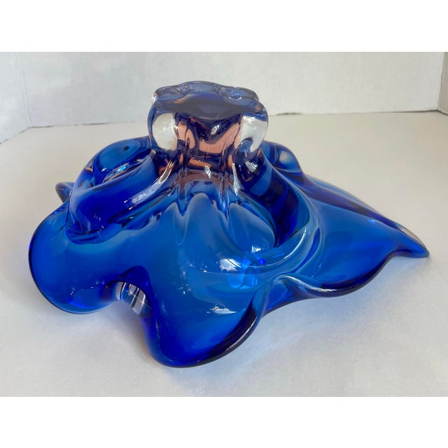 Vintage Bohemia Czech Cobalt Blue & Pink Art Glass Centerpiece Bowl For Sale - Image 9 of 11