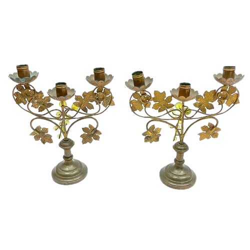 English Pair Vintage Tole & Bakelite Grape Candle Holders For Sale - Image 3 of 7