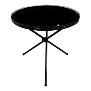 Mid to Late 20th Century MCM Round Metal Outdoor Black Painted Tripod Accent Table With Glass Top