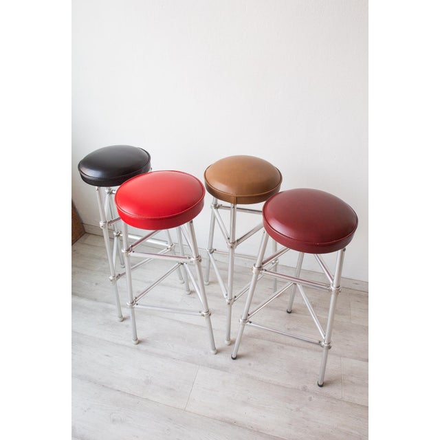 Mid-Century Modern Aluminum and Skai Stools, 1980s, Set of 4 For Sale - Image 3 of 11