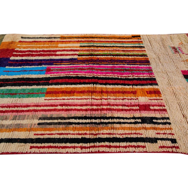 Textile Vintage Beni Ourain Moroccan Handmade Multicolor Designed Beige Wool Rug For Sale - Image 7 of 12