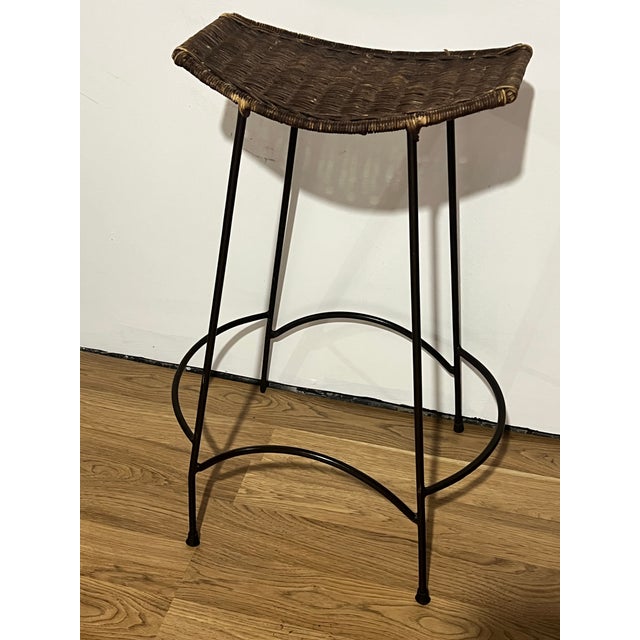 Vintage Mid-Century Wrought Iron & Wicker Arthur Umanoff Style Barstools Set of 2 For Sale - Image 10 of 12