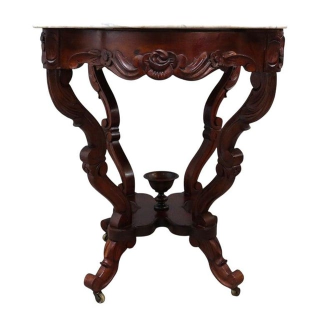 Wood Oversized Antique Rococo Revival Floral Carved Walnut Marble Turtle Top Table For Sale - Image 7 of 10