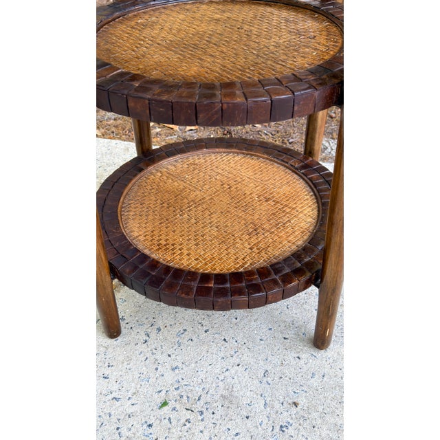 English Rustic British Colonial Rattan Style 3 Tiered Round Side Table Attrib. To Maitland-Smith For Sale - Image 3 of 9