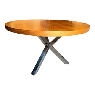 Attributed to Pangea Home Round Remi Wood & Polished Stainless Steel Metal Dining Table For Sale