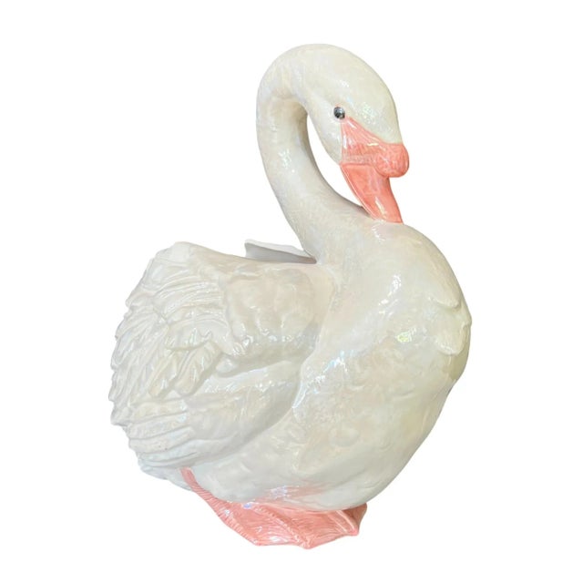 French Vintage Hollywood Regency Hand-Painted Ceramic Swan Jardinière For Sale - Image 3 of 12