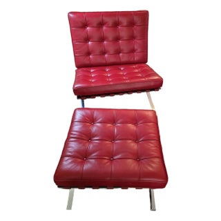 Attributed Knoll Barcelona Chair & Matching Ottoman – Early 1960s Chrome Frame, Custom Red Leather, Laurel Canyon Provenance For Sale