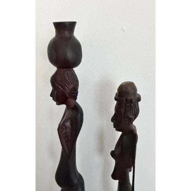 Antique Ebony Wood Hand Carved African Folk Sculptures - Set of 2 For Sale In New York - Image 6 of 14