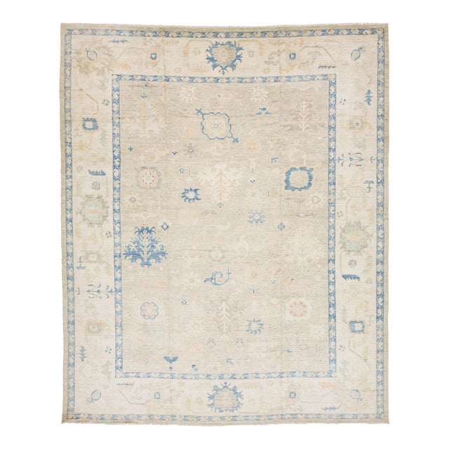 Serene Modern Oushak Style Hand-Knotted Wool Area Rug – Sky Blue & Champagne For Sale