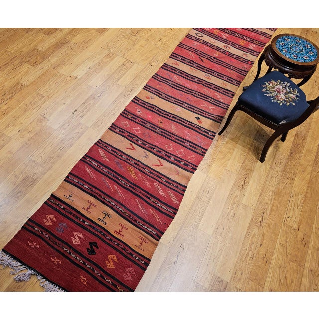 Vintage Turkish Kilim Runner, Handwoven Wool, Stripe Pattern, Brick Red, 3x13 For Sale In Chicago - Image 6 of 9