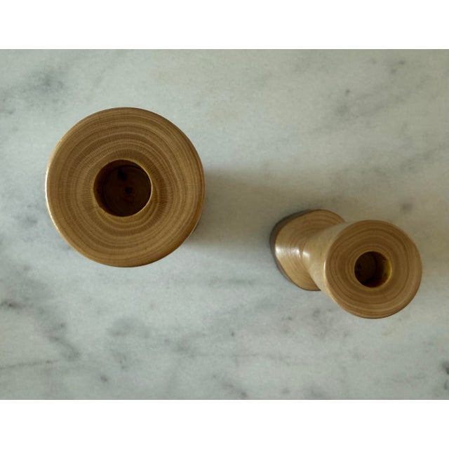 Wood Pair of Vintage Handcrafted Turned Wood Candle Holders For Sale - Image 7 of 9
