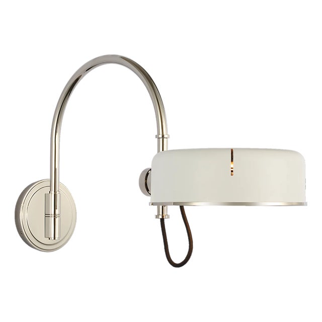Thomas O'Brien for Visual Comfort Signature Oso 13" Articulating Arc Wall Light in Polished Nickel with Matte White Shade For Sale