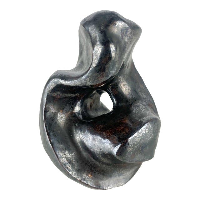 Vintage Black Bronze Art Pottery Abstract Clay Sculpture Mid Century Modern MCM For Sale