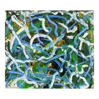 Abstract Expressionist Jerry Adams Green Blue White Painting on Paper For Sale