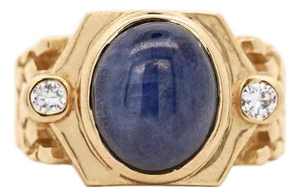 7 Carat Blue Star Sapphire Cabochon & Diamond 14k Gold Nugget Mens Ring, Size 8.75