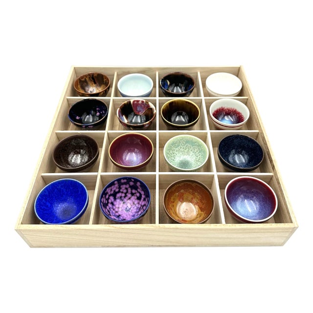 Arita Porcelain Sake Cup Set, Handcrafted Guinomi by Shinemon Kiln, Artisan Japanese Ceramic Art with box - 16 pcs For Sale