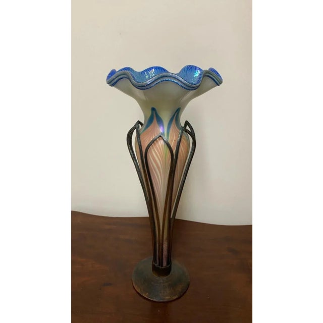 1920s Antique Tiffany Style Glass Vase Incased in Bronze For Sale - Image 5 of 7