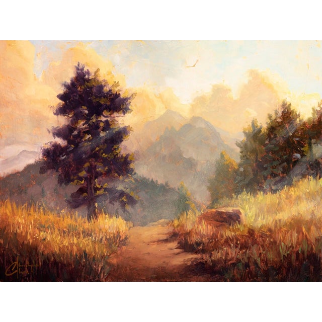Mountain Sunlight by Christopher Clark | Oil on Wood Panel Landscape with Mountains and Trees For Sale