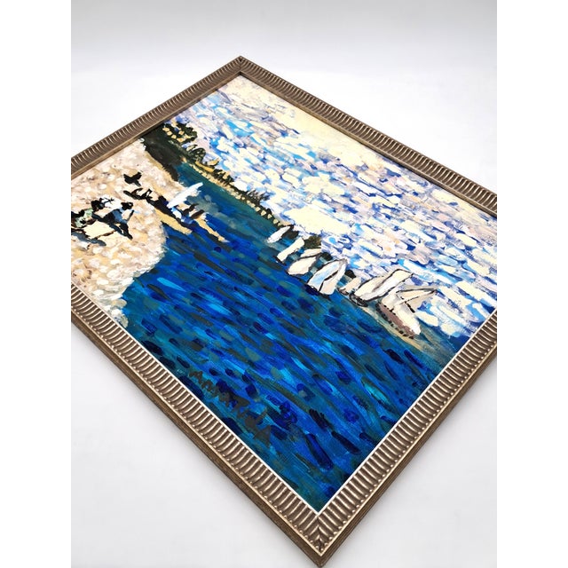 Hand-Painted Acrylic Impasto Seashore Painting With Sailboats and Black Beachgoers For Sale - Image 6 of 11