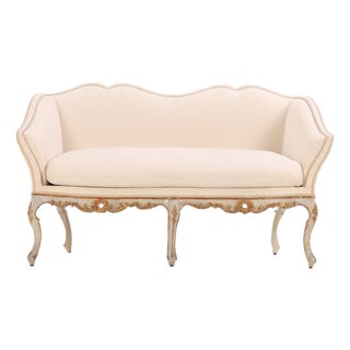 An Italian Painted and Carved Settee, 18th Century, in Recent Fabric For Sale