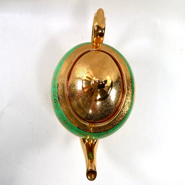 Mid 20th Century Mid-20th Century LeMieux China 24k Gold Encrusted Porcelain Teapot With Mint Green Band For Sale - Image 5 of 12