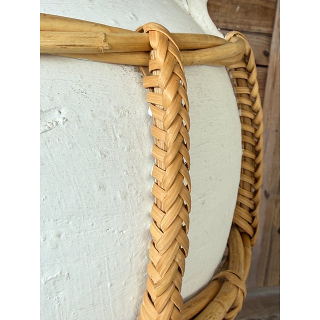 Contemporary Monumental Boho Coastal Regency Plaster Lamps With Hand-Wrapped Rattan Cage & Linen Shades For Sale - Image 3 of 11