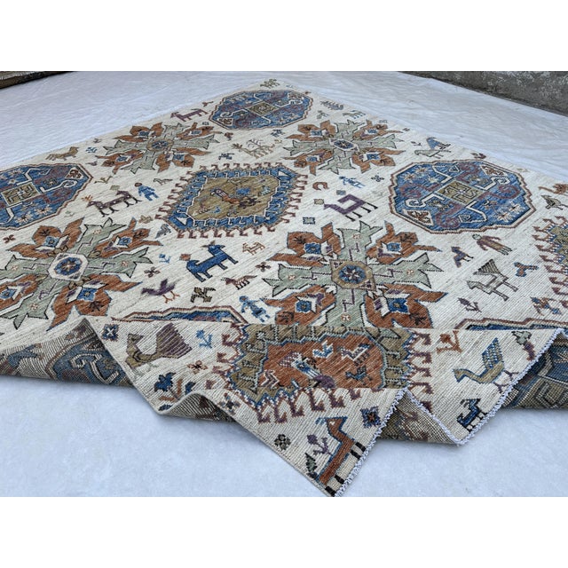Ivory 8x9.11 Kazak Design Carpet With Animals, Ivory For Sale - Image 8 of 12