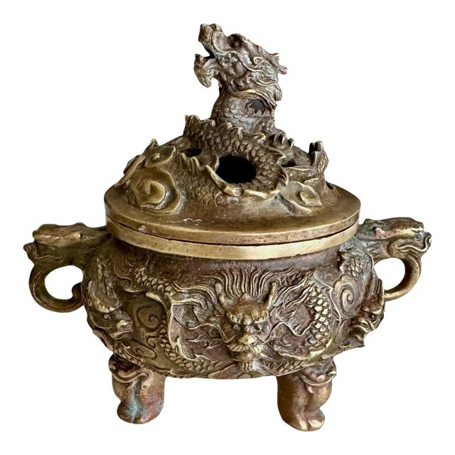 Antique Chinese Ming-Style Brass Dragon Incense Burner Sculpture For Sale