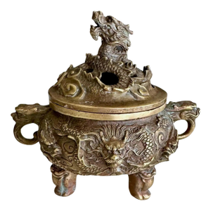 Antique Chinese Ming-Style Brass Dragon Incense Burner Sculpture