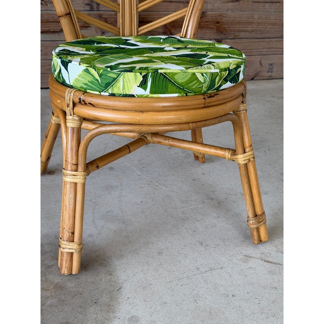 Tan Vintage Coastal Boho Rattan Leaf Back Side Chair With Custom Tropical Cushion For Sale - Image 8 of 12